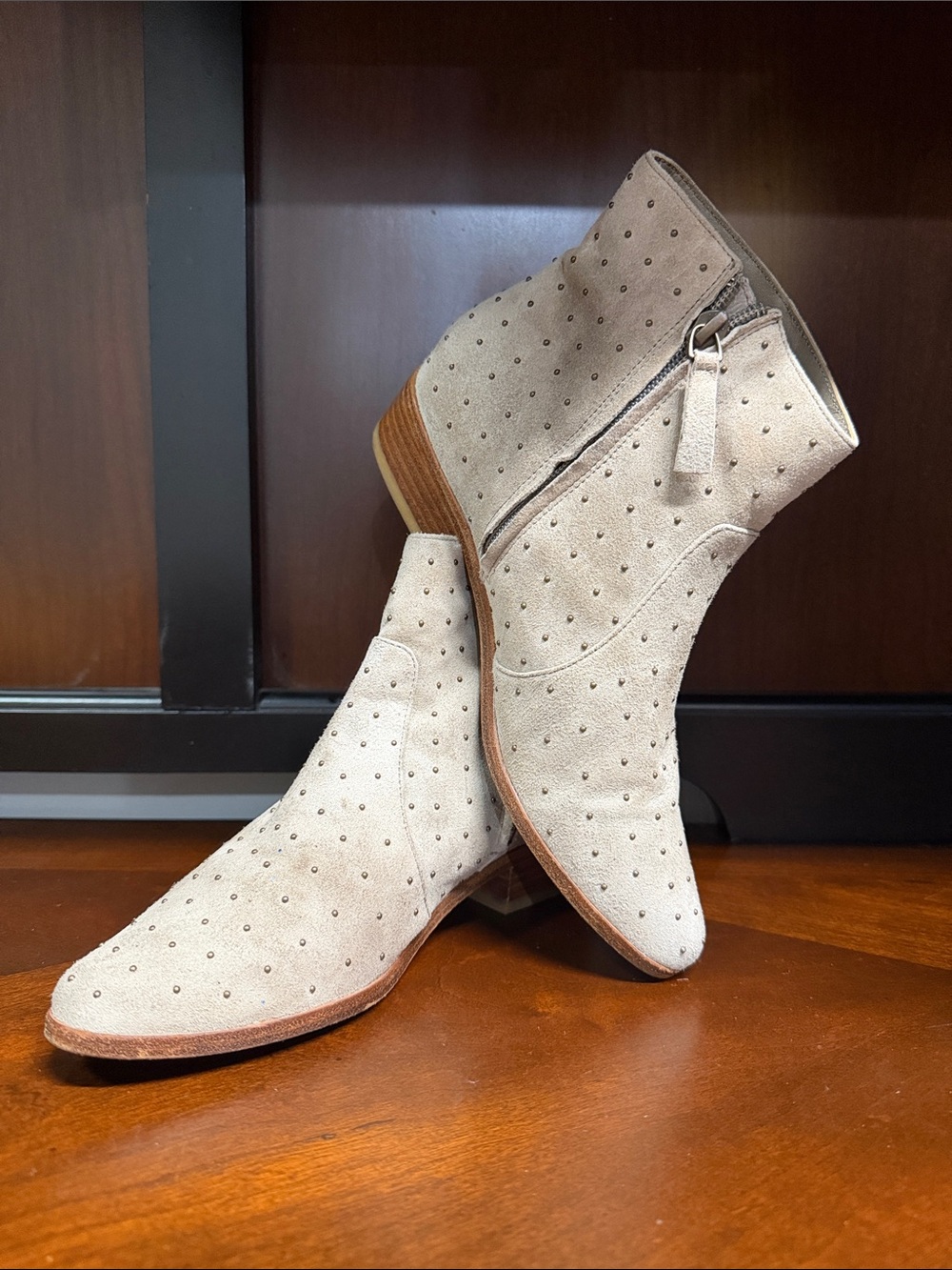 Joie Light Beige Suede Ankle Booties with Stud Accents